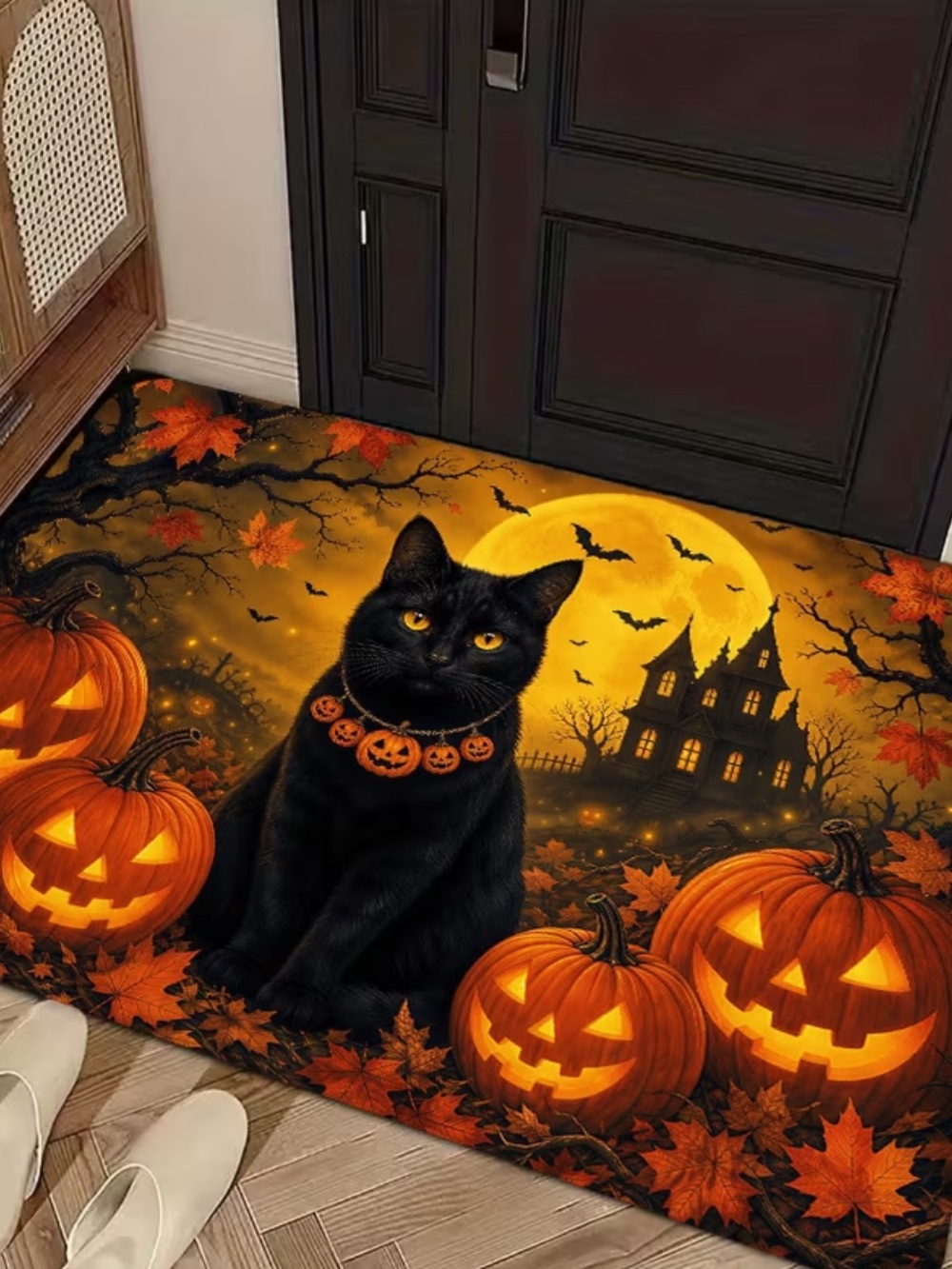 🎃 Halloween Black Cat Floor/Door Mat - Orange Pumpkin Black Cat Design 🐈‍⬛